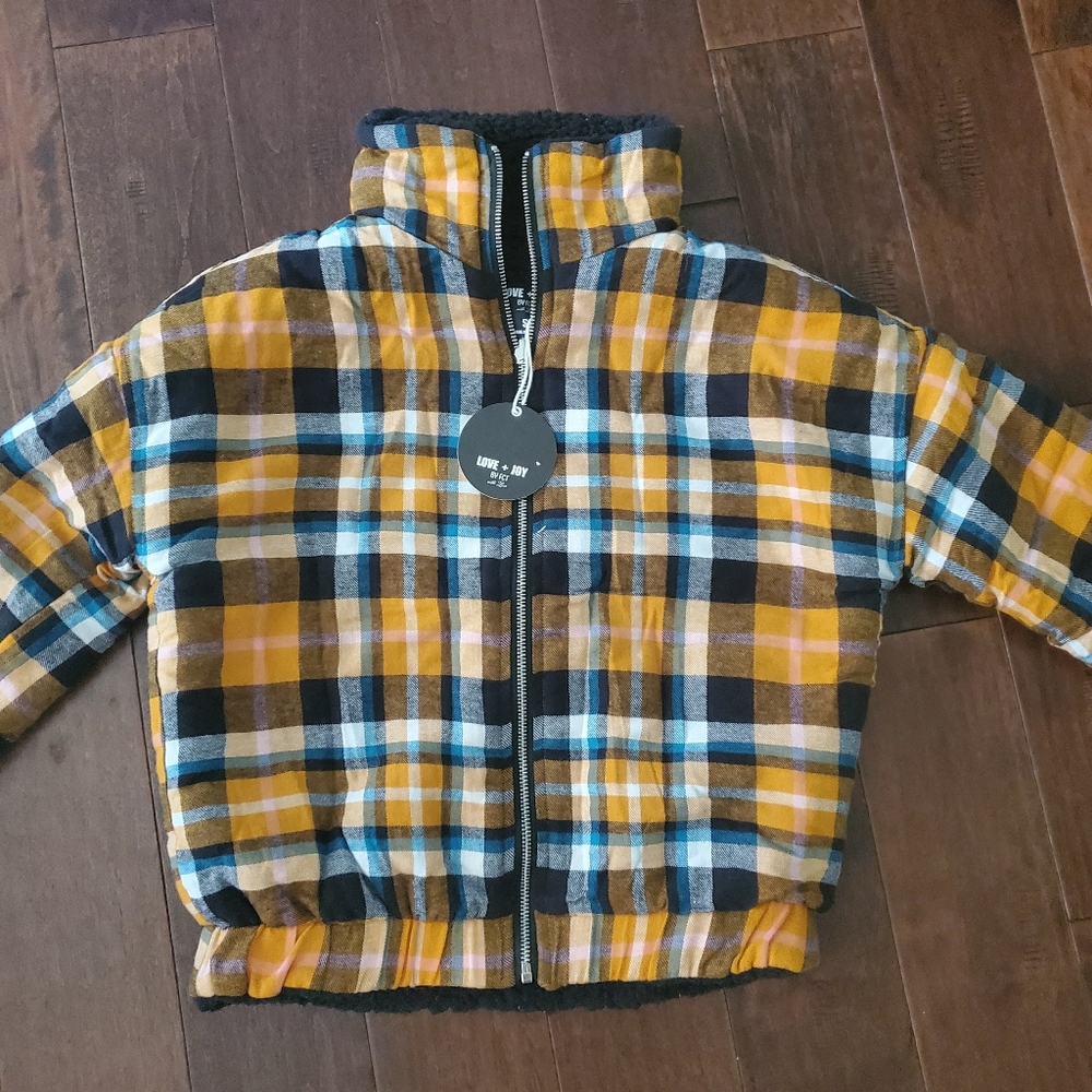Teddy bear jacket size small by love +joy by FCT orange  black blue chec…